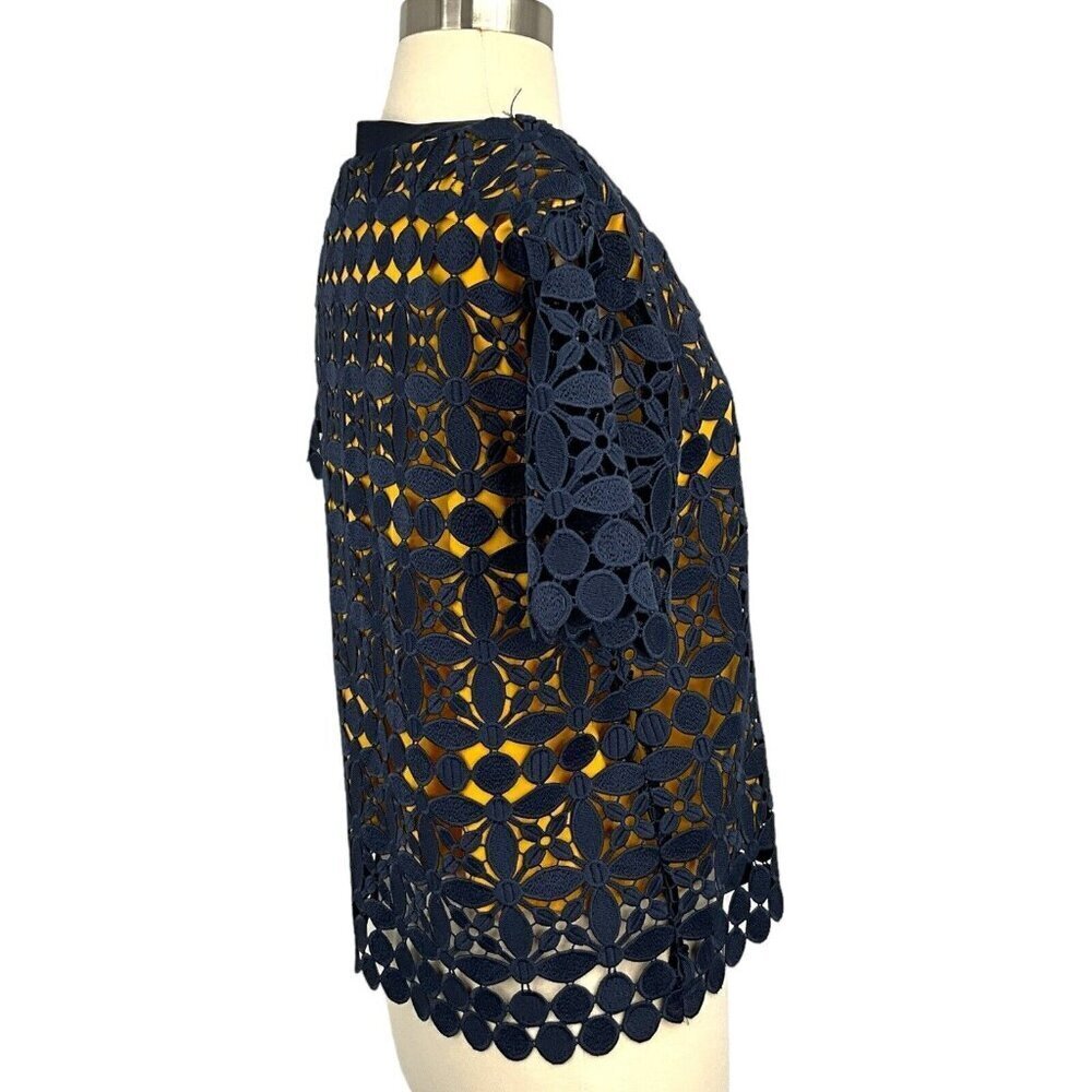 Max Mara Max & Co Size 6 Blouse Broderie Anglaise Navy Gold Short Sleeve V Neck - Picture 6 of 14